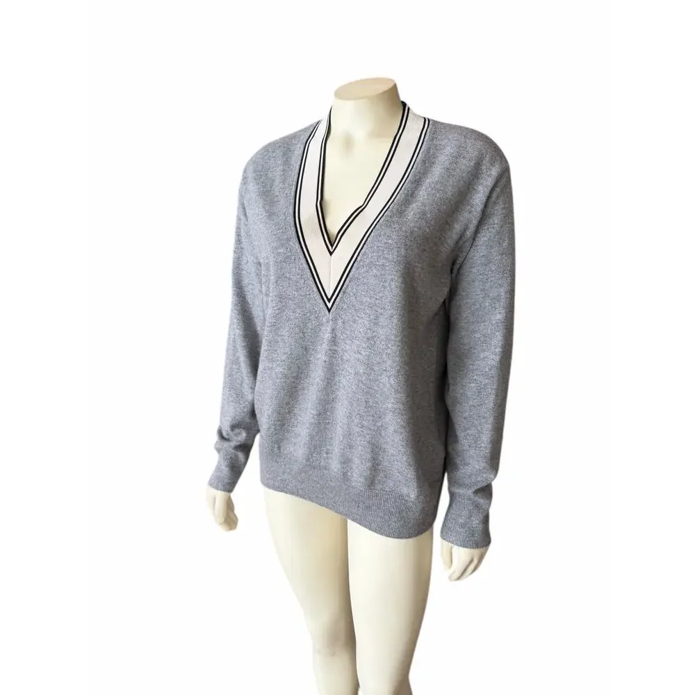 Sandro Camie Contrast V-Neck Sweater Gray Size 2 - Picture 3 of 7